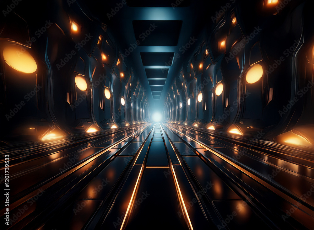 Leinwandbilder Abstract background image featuring a futuristic corridor with glowing lights and bokeh effects.  The dark, metallic walls are lined with illuminated circular panels, creating a sense of depth and per