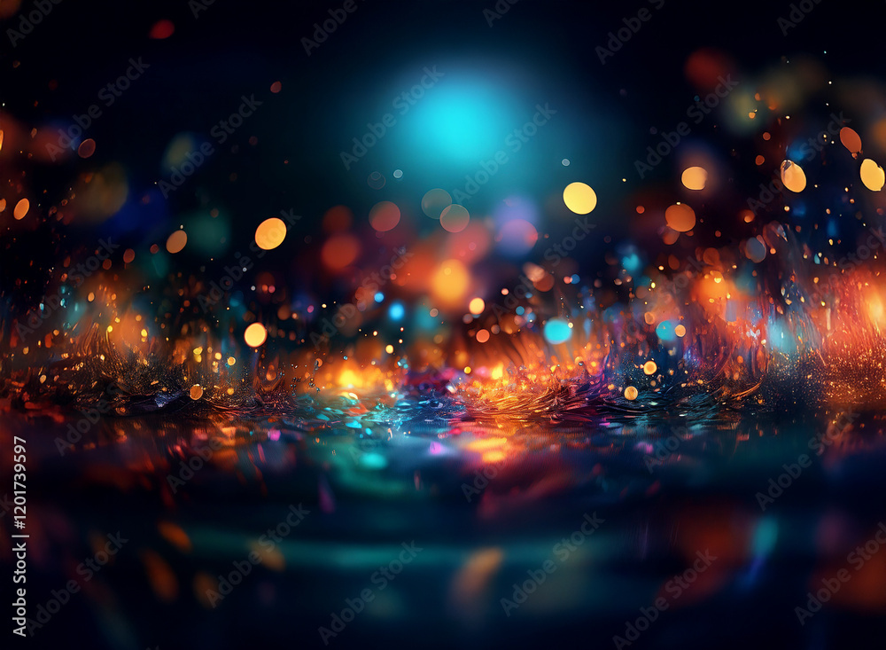 Poster Abstract background image featuring vibrant bokeh lights.  A colorful, glowing, and dynamic scene with blurred lights creating a sense of depth and movement.