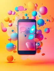 Bright chat bubbles emerge from smartphone with vibrant colors in an abstract design during daytime. Generative AI