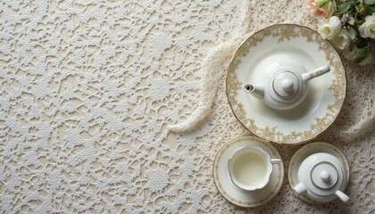 Overhead shot of lace tablecloth with fine china tea set, soft natural lighting enhancing vintage and romantic mood