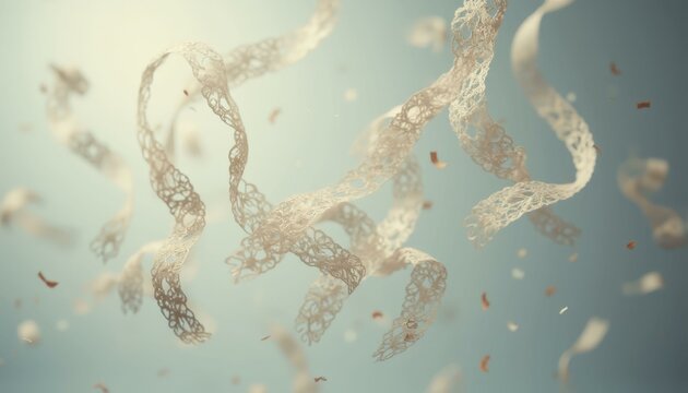 Chaos of lace ribbons floating in the air, captured in a dreamy, ethereal atmosphere with soft background, evoking elegance and movement