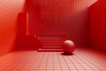Vibrant Red Room with Geometric Shapes and Textured Sphere