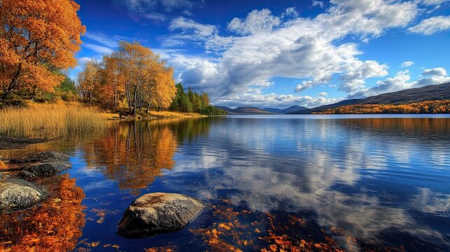 Autumn lake reflection, scenic mountain view, fall foliage, peaceful nature scene, ideal for calendar or travel brochure