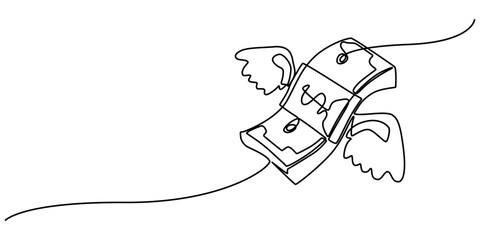 Continuous line design of flying winged money. Symbol of spending bills, loss of money, wastage. Decorative elements drawn on a white background, money paper flying with wings continuous one line draw