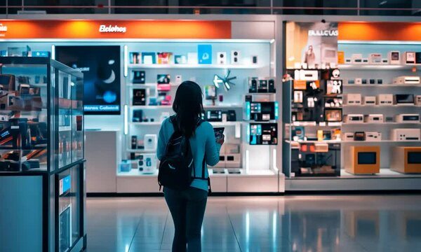 Young woman exploring a tech store with vibrant displays