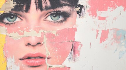 Artistic Portrait of a Woman Amidst Colorful Peeling Paint Texture, Highlighting Psychological Concepts of Protection Against Bullying and Harassment in a Visually Striking Style