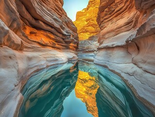 ancient desert canyon at twilight, towering red sandstone formations reflected in a meandering turquoise oasis river, golden hour lighting