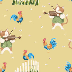 Seamless watercolor pattern with cat and roosters, background in village style, cat plays the violin