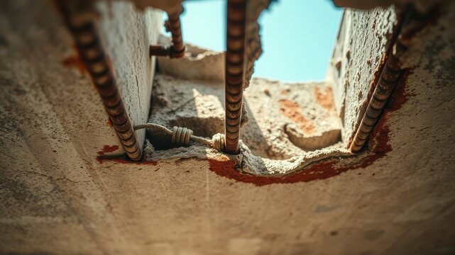 A close-up of exposed rusty rebar protruding from a cracked concrete ceiling, revealing the underlying structural integrity of the building