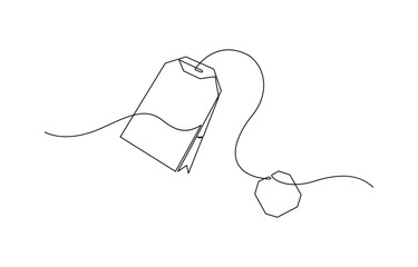 Obraz premium One continuous line drawing of paper tea bag, Discount tag icon line continuous drawing vector. One line price tag icon vector background.