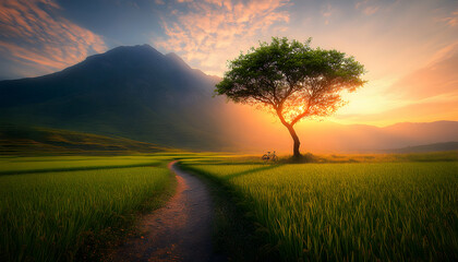 Fototapeta premium Serene sunset landscape with a lone tree, bicycle, and winding path through a rice paddy field, majestic mountain backdrop.