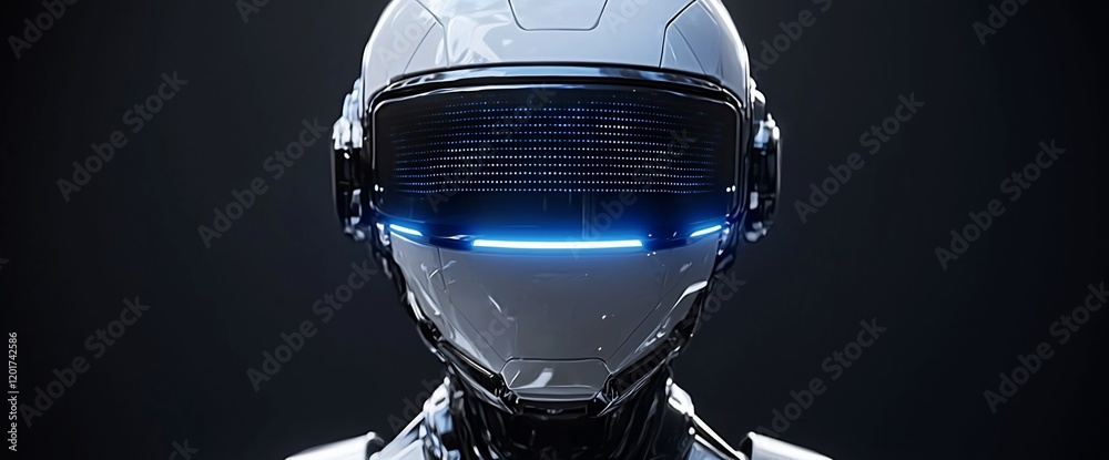 Poster close-up of a futuristic robot's head with glowing visor.