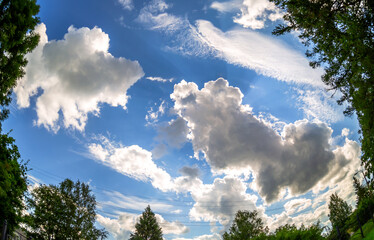 Obraz premium Blue sky with white clouds as background. Fisheye view