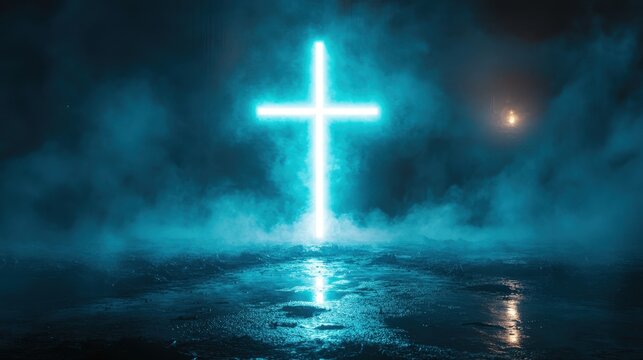 ** Glowing Neon Cross in Misty Night Landscape with Reflective Water Surface and Atmospheric Lighting..**