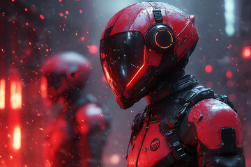 A futuristic, battle-ready character decked out in sleek, high-tech armor with glowing accents, wielding advanced weapons, the action takes place on a cyberpunk-style battlefield with dynamic energy

