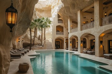 Palatial resort in the desert featuring a peaceful turquoise pool