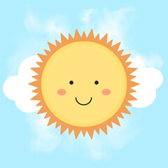 Happy cheerful sun. Cartoon sun on shining blue sky. All layered and grouped. Vector.