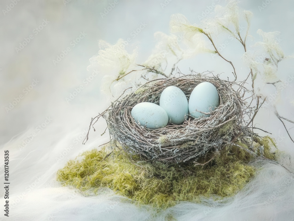 Wall mural delicate bird's nest with intricate twig construction, soft natural lighting, three pale blue eggs nestled in moss, intimate nature photography