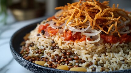 Serving of Egyptian koshari layers of rice lentils pasta and spiced tomato sauce garnished with...