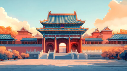 Background of Chinese traditional ancient architecture palace under sunset