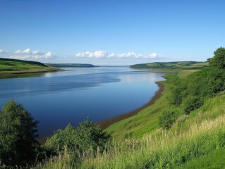 Obraz premium Serene river valley landscape, summer day, tranquil scene, nature background, ideal for travel brochures
