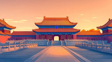 Background of Chinese traditional ancient architecture palace under sunset