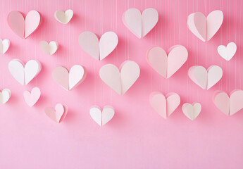 Valentine's Day Love Concept, hearts on Pink Background, Paper Cut Style Art.