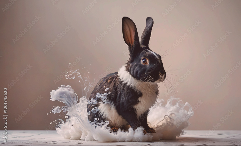 Poster A rabbit is standing in a spray of white foam. The rabbit is black and white and has a curious look on its face. The scene is playful and whimsical, with the rabbit seemingly enjoying the spray of