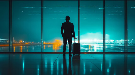 Business people with luggage boarding a plane in an airport terminal, back view