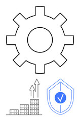 Gear outline symbolizes process arrows rising with bar chart imply growth shield with check mark represents security. Ideal for business development, optimization, innovation, strategy, partnership