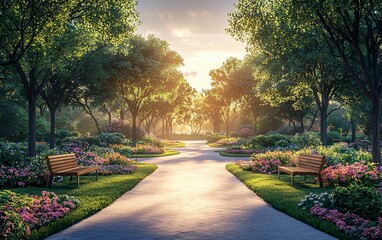 Fototapeta premium Serene sunrise path in a blossoming park.