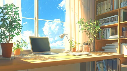 Fototapeta premium Sunlit Workspace: Serene Anime-Style Desk with Laptop and Plants