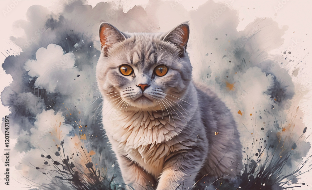 Aufkleber A cat is sitting in a field with a cloudy sky in the background. The cat is looking at the camera with a curious expression