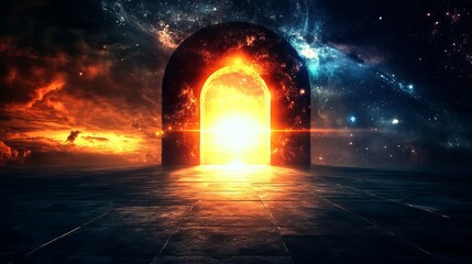 Obraz premium A Vibrant Glowing Archway Leading into a Radiant Paradise, Symbolizing Opportunity and Transition