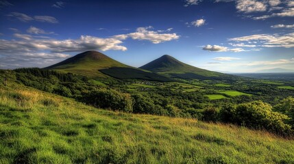 Obraz premium Ireland landscape Two majestic mountains under a summer sky, overlooking a lush green valley. Ideal for travel brochures