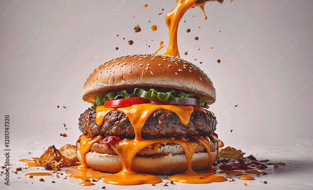 Poster a burger with melted cheese and ketchup dripping from it. the burger is on a white background