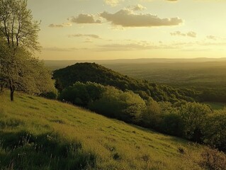 Obraz premium Hilltop sunset view, rolling hills, peaceful landscape, nature photography, travel poster