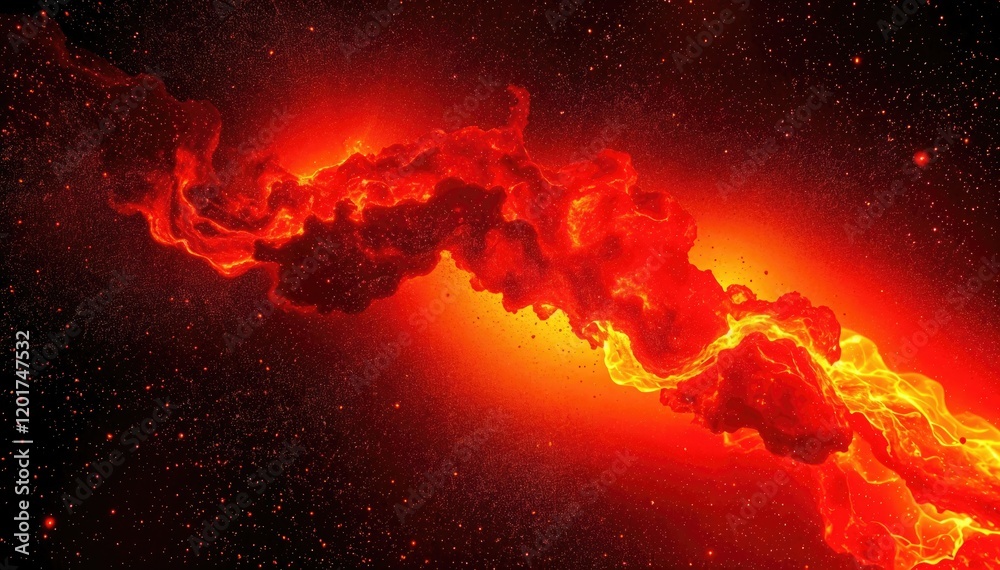 Poster fiery cosmic nebula in deep space glowing red and orange gases swirl amidst backdrop of stars