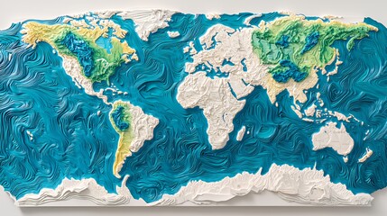 3D Topographical World Map: A Textured Representation of Earth's Terrain and Ocean Currents