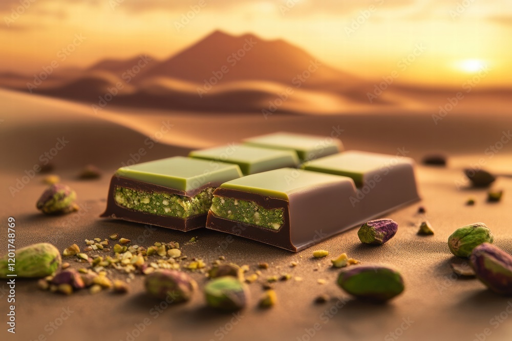 Poster delicate chocolate bar filled with rich pistachio paste in a serene desert setting during sunset. ge