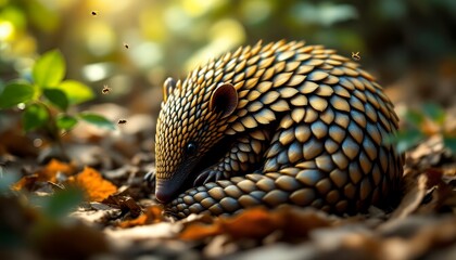 Adorable Pangolin Curled on Autumn Leaves with Bees