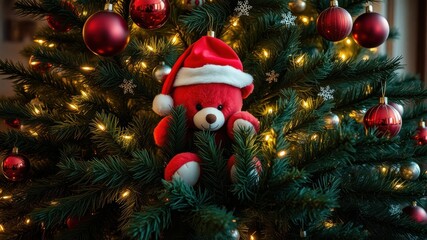 Obraz premium A red teddy bear wearing a Santa hat hides amongst the green branches of a Christmas tree adorned with red baubles and warm yellow lights.