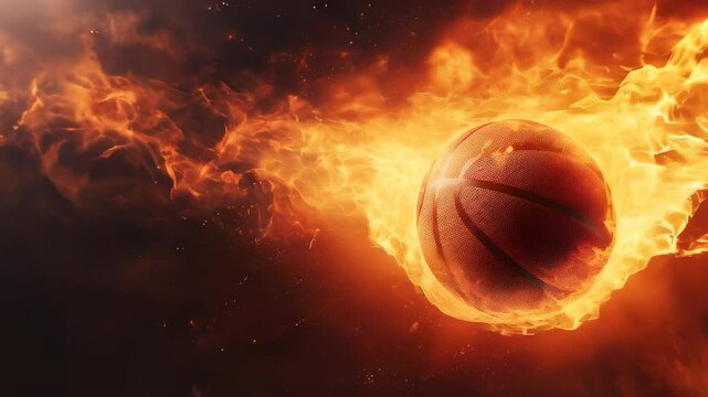 Basketball ball engulfed in flames in dynamic and energetic motion during intense gameplay