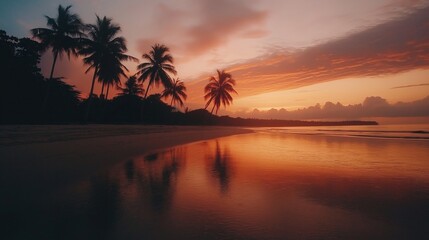 Tranquil scene of palm trees at sunset