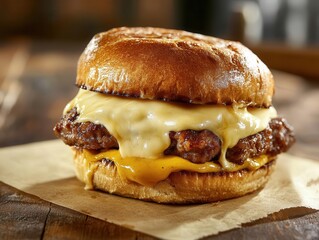 gourmet street-style smash burger with melted cheese, crispy edges, artisanal brioche bun, rustic wooden backdrop