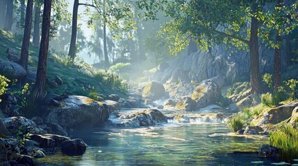 Sunlit stream flows through lush green forest. (1)