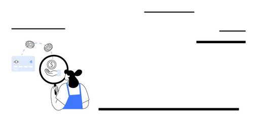 Cartoon character in blue apron holding magnifying glass, examining dollar coin and credit card. Ideal for finance, investment, auditing, transparency, analytics, security money management. Abstract