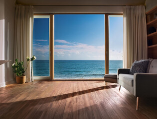 Naklejka premium Generated image オーシャンビュー リビングの窓からの景色