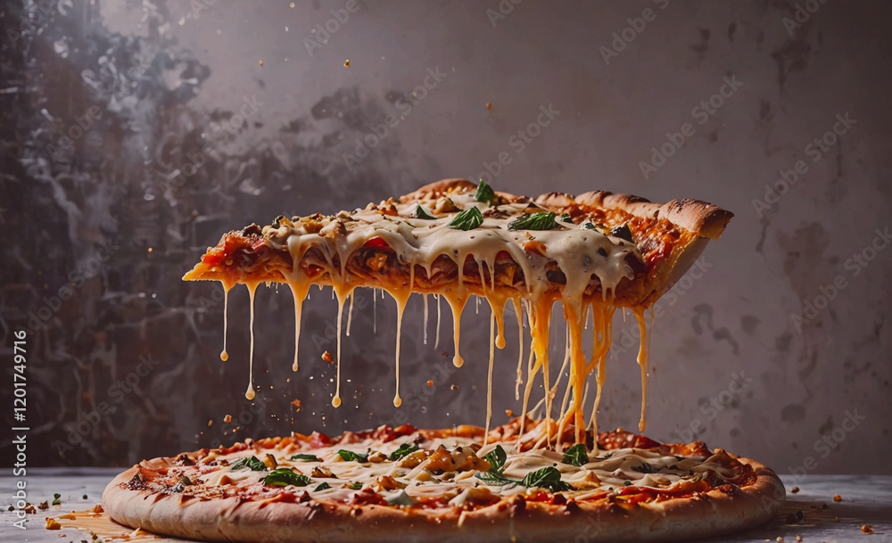 Poster A slice of pizza with cheese dripping from it. The pizza is on a table and the cheese is falling off the slice