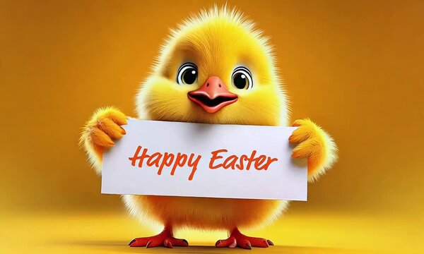 Happy Easter Chick Holding a Happy Easter Sign on a Yellow Background 